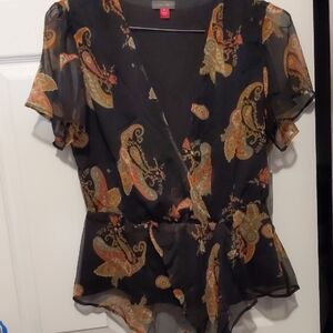 Vince Camuto Black and Orange Paisley Wrap Blouse
